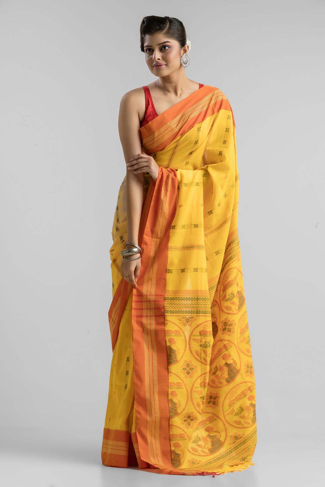 Yellow Pure Soft Cotton Dhakai Buti Handloom Saree