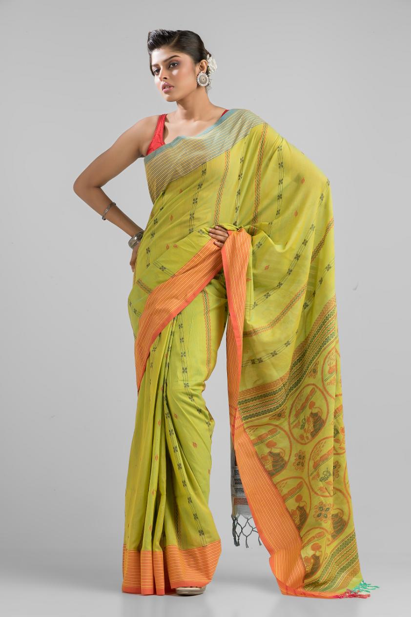 Mehendi Green Pure Soft Cotton Dhakai Buti Handloom Saree