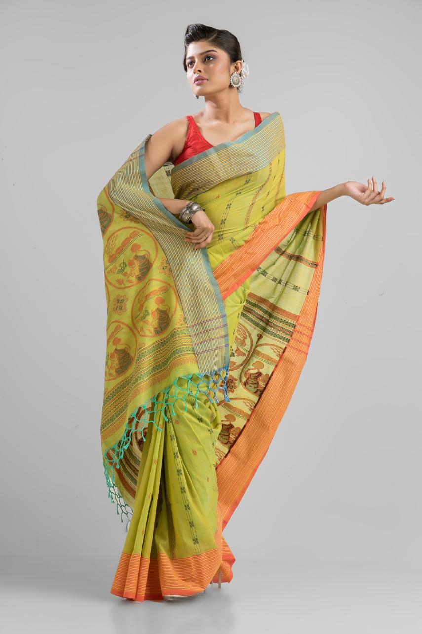 Mehendi Green Pure Soft Cotton Dhakai Buti Handloom Saree