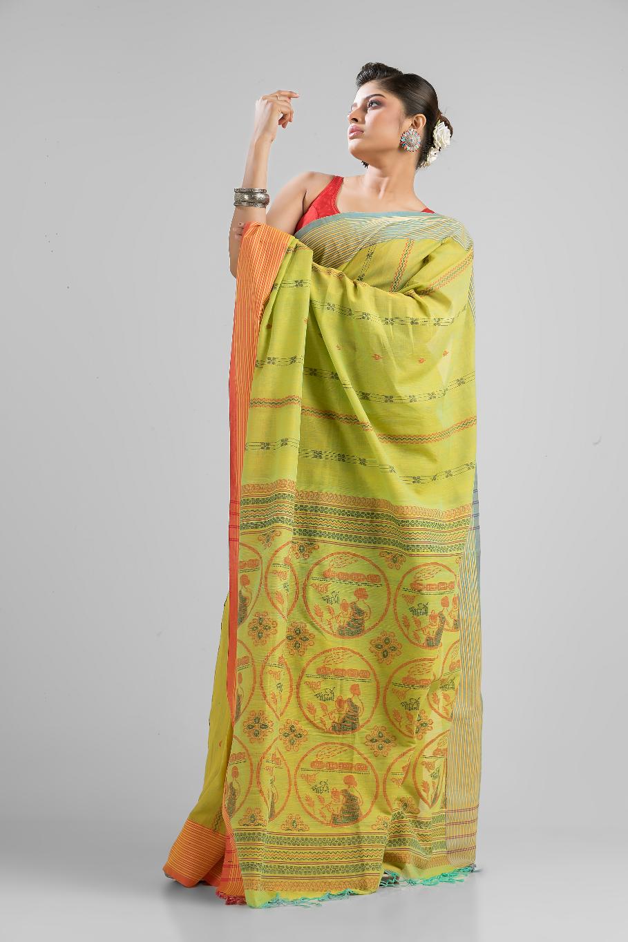 Mehendi Green Pure Soft Cotton Dhakai Buti Handloom Saree