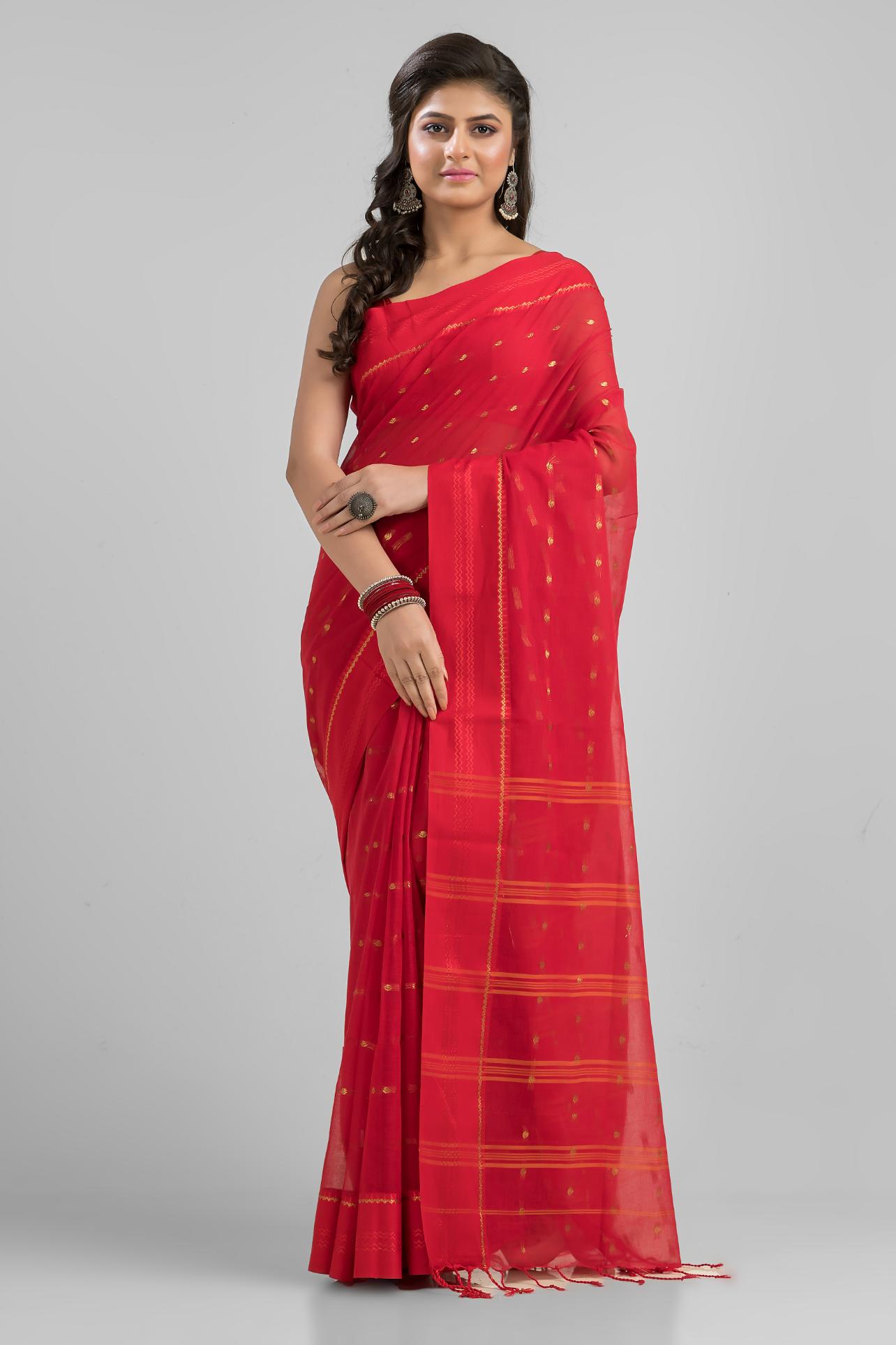 Red Soft Cotton Tant Buti Work Handloom Saree