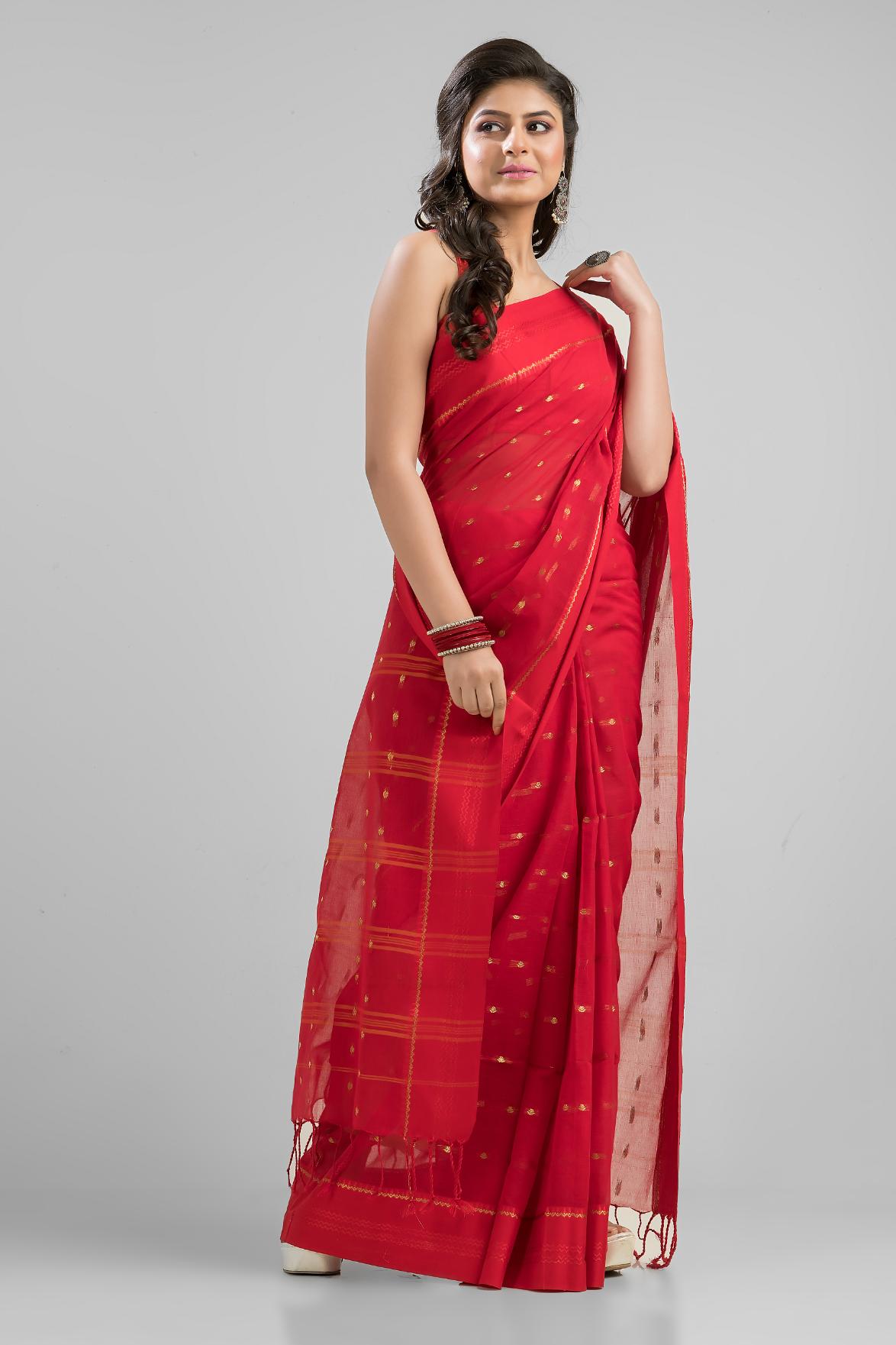 Red Soft Cotton Tant Buti Work Handloom Saree