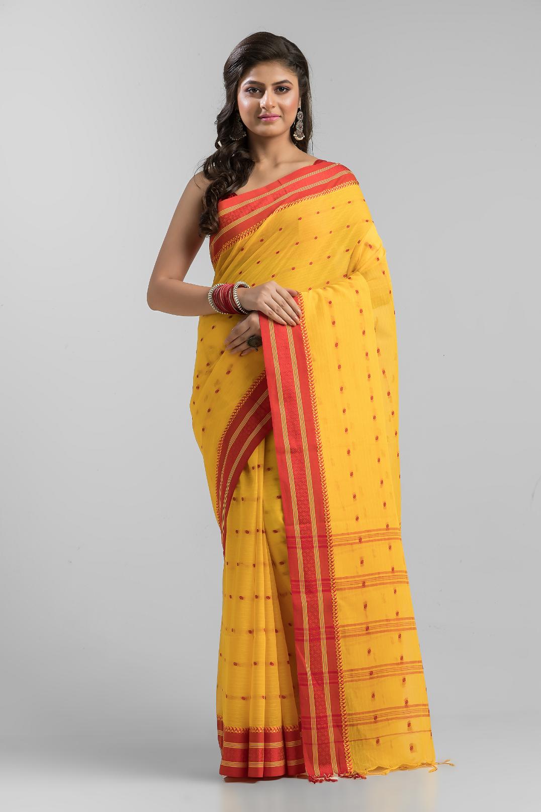 Yellow Soft Cotton Tant Buti Work Handloom Saree