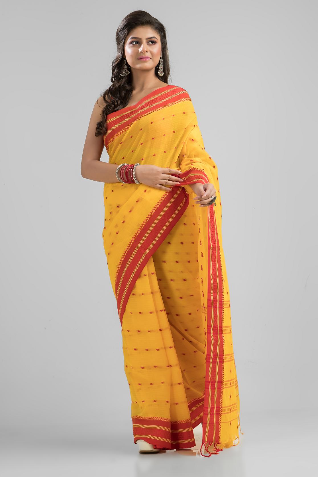 Yellow Soft Cotton Tant Buti Work Handloom Saree