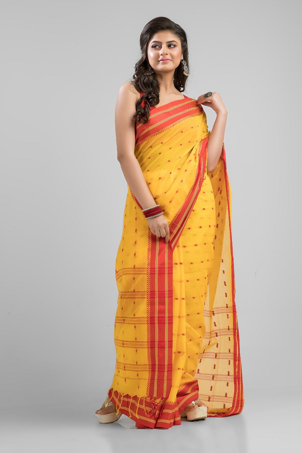 Yellow Soft Cotton Tant Buti Work Handloom Saree