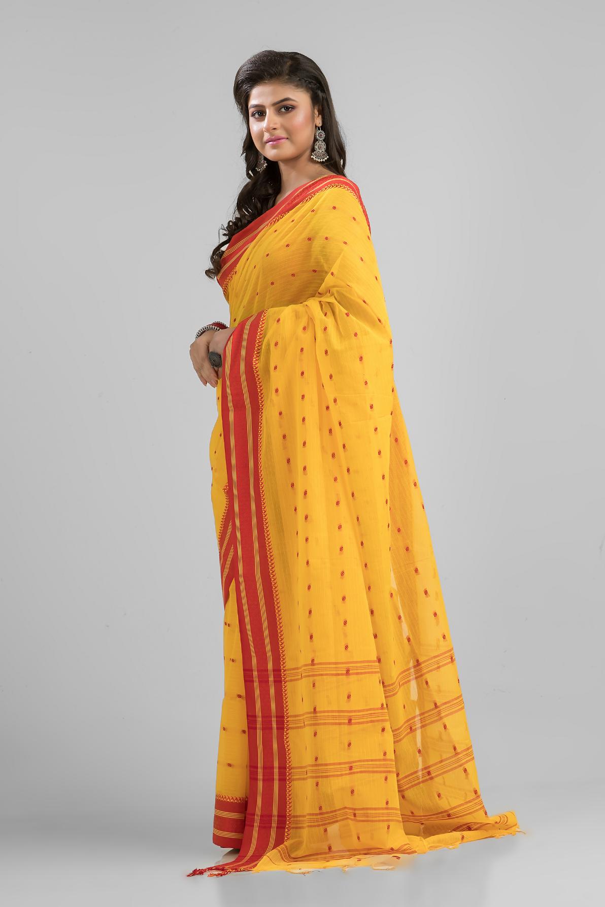 Yellow Soft Cotton Tant Buti Work Handloom Saree