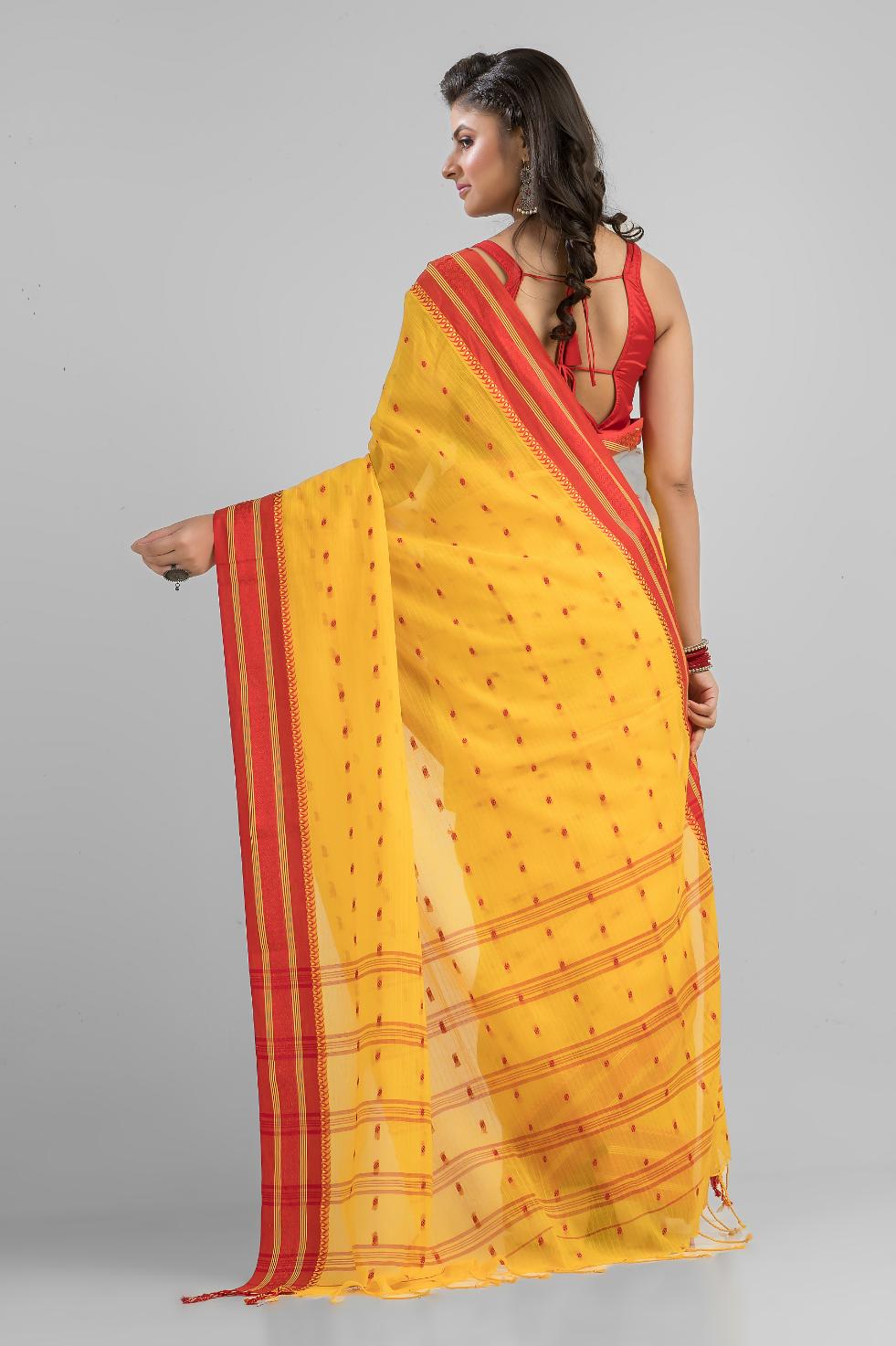 Yellow Soft Cotton Tant Buti Work Handloom Saree