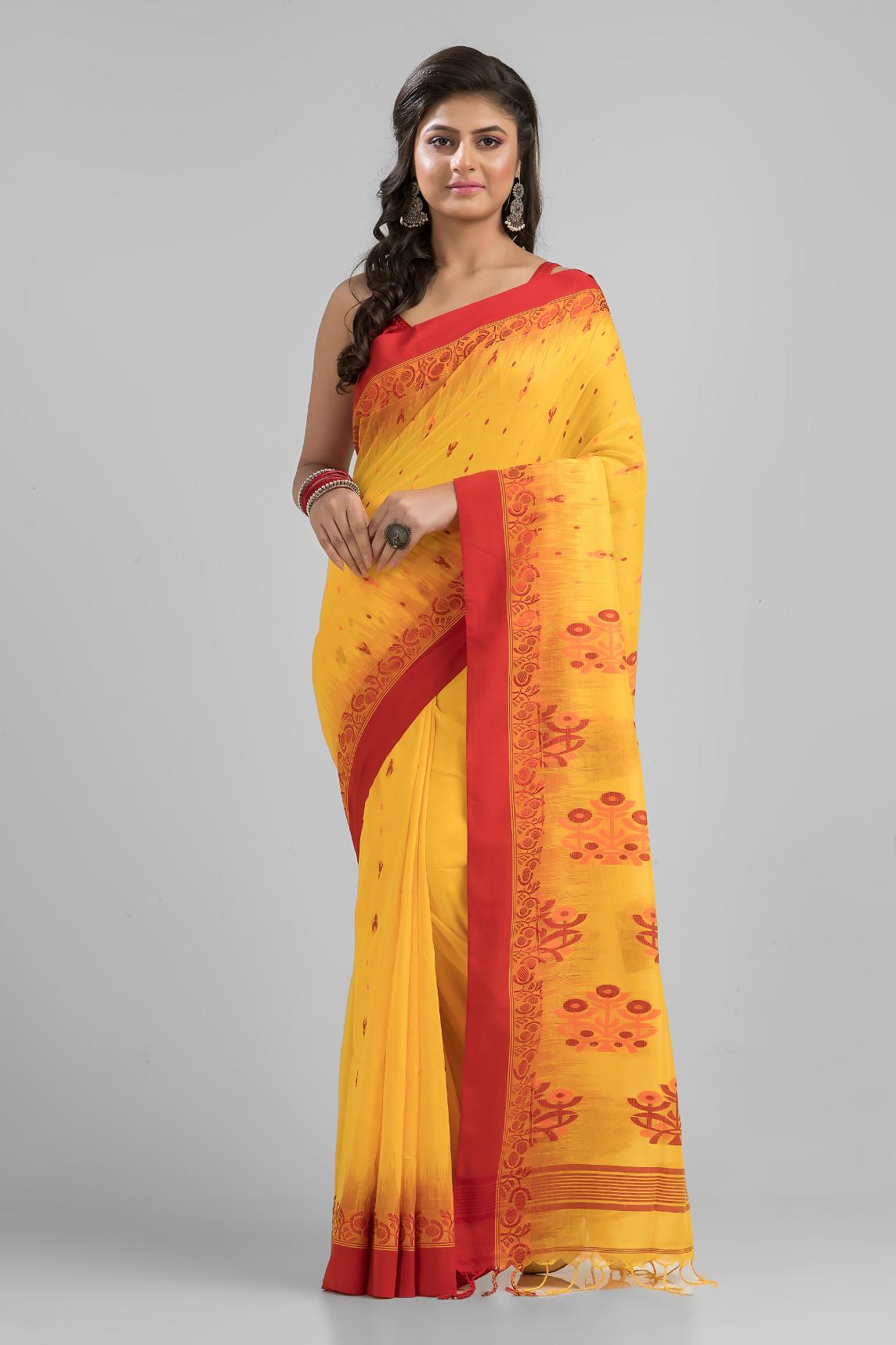 Yellow Pure Soft Cotton Dhakai Buti Handloom Saree