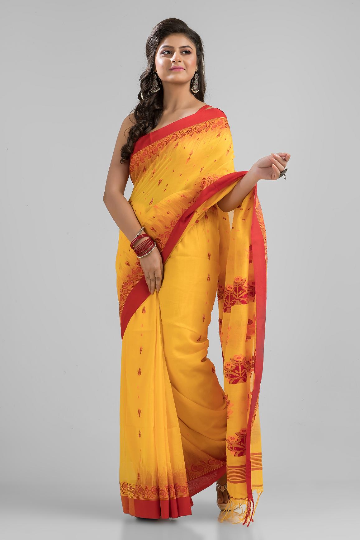 Yellow Pure Soft Cotton Dhakai Buti Handloom Saree