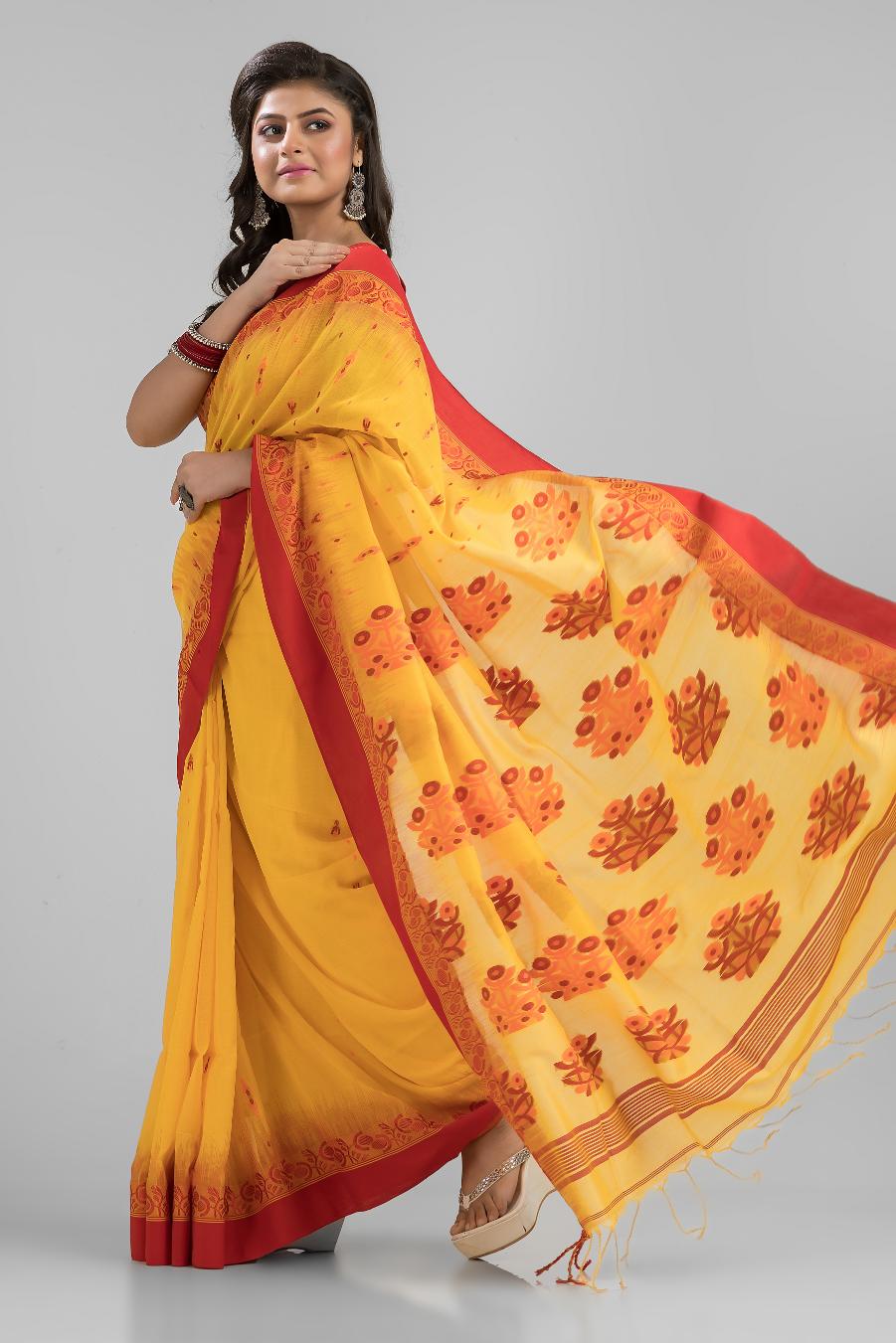 Yellow Pure Soft Cotton Dhakai Buti Handloom Saree