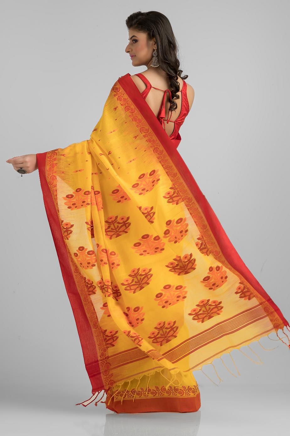 Yellow Pure Soft Cotton Dhakai Buti Handloom Saree