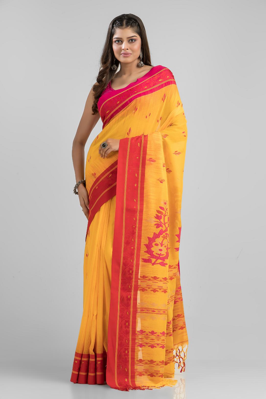 Yellow Pure Soft Cotton Dhakai Buti Handloom Saree