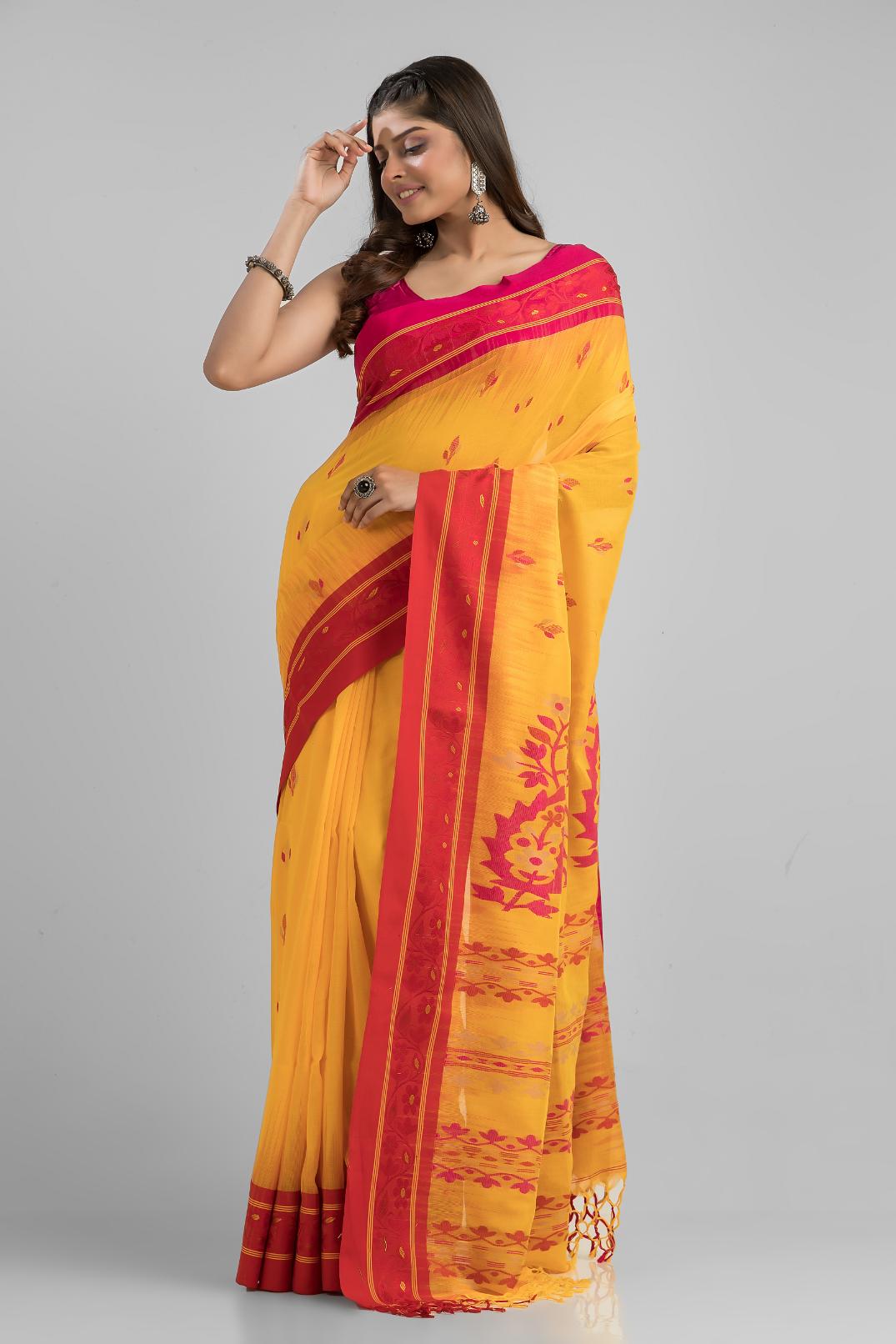 Yellow Pure Soft Cotton Dhakai Buti Handloom Saree