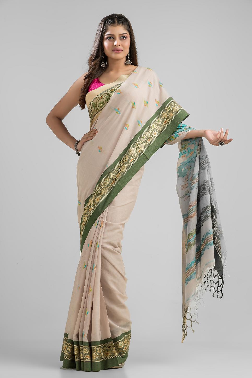 Cream Pure Soft Cotton Dhakai Buti Handloom Saree