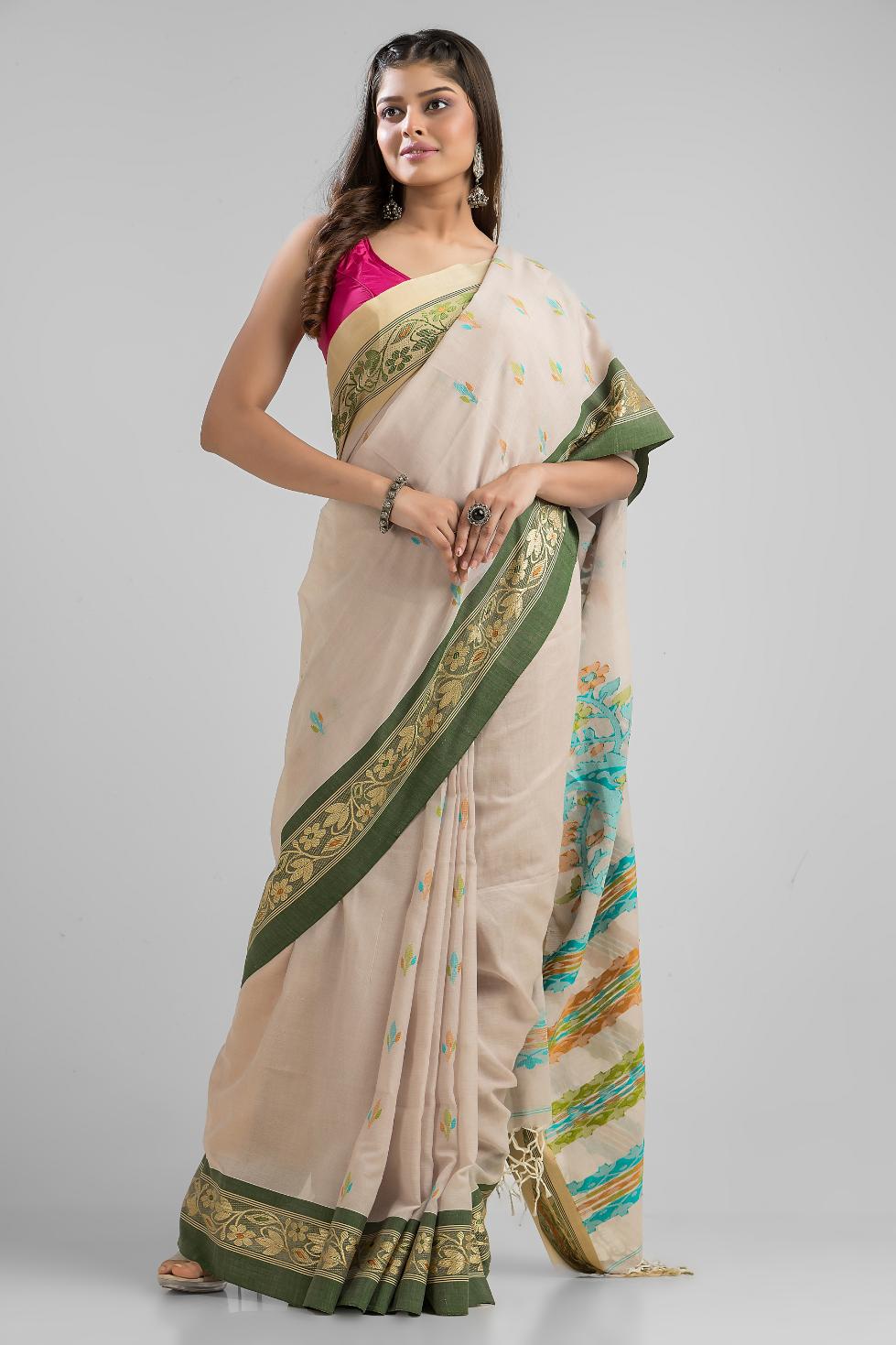 Cream Pure Soft Cotton Dhakai Buti Handloom Saree