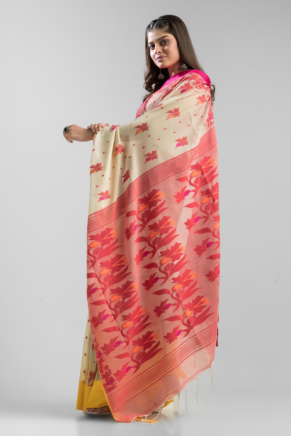 Beige Pure Soft Cotton Dhakai Buti Handloom Saree