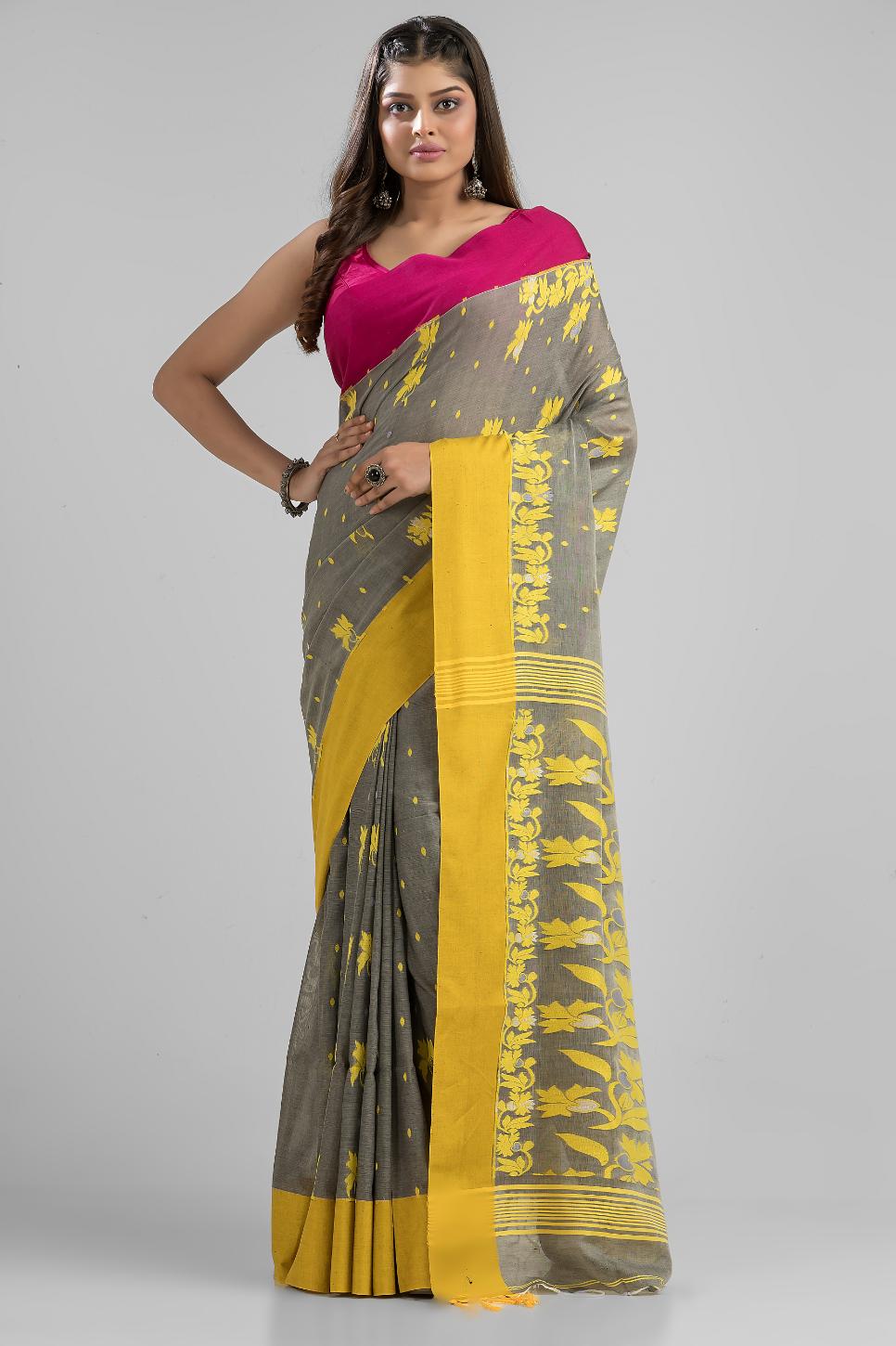 Grey Pure Soft Cotton Dhakai Buti Handloom Saree