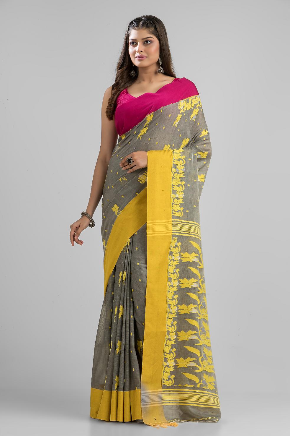 Grey Pure Soft Cotton Dhakai Buti Handloom Saree