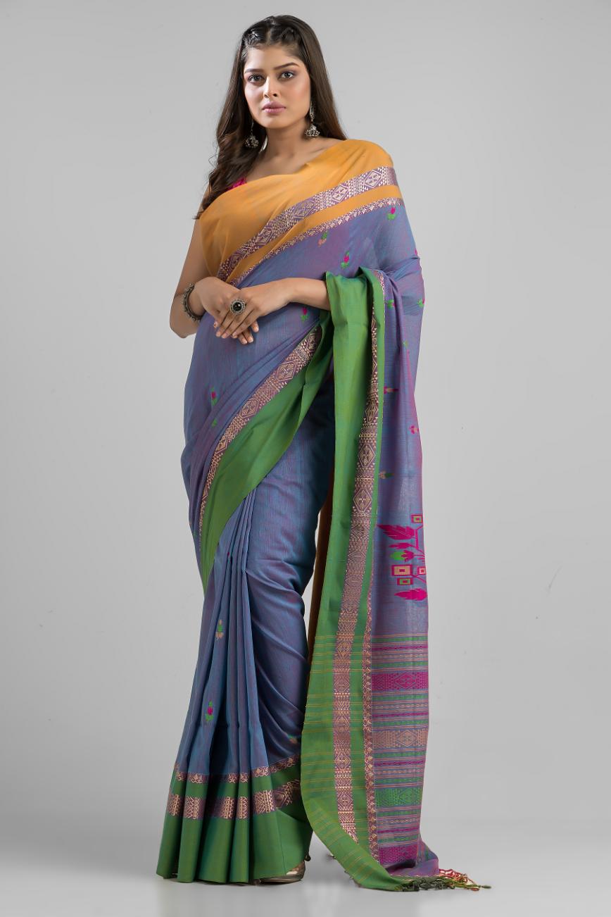 Blue Pure Soft Cotton Dhakai Buti Handloom Saree