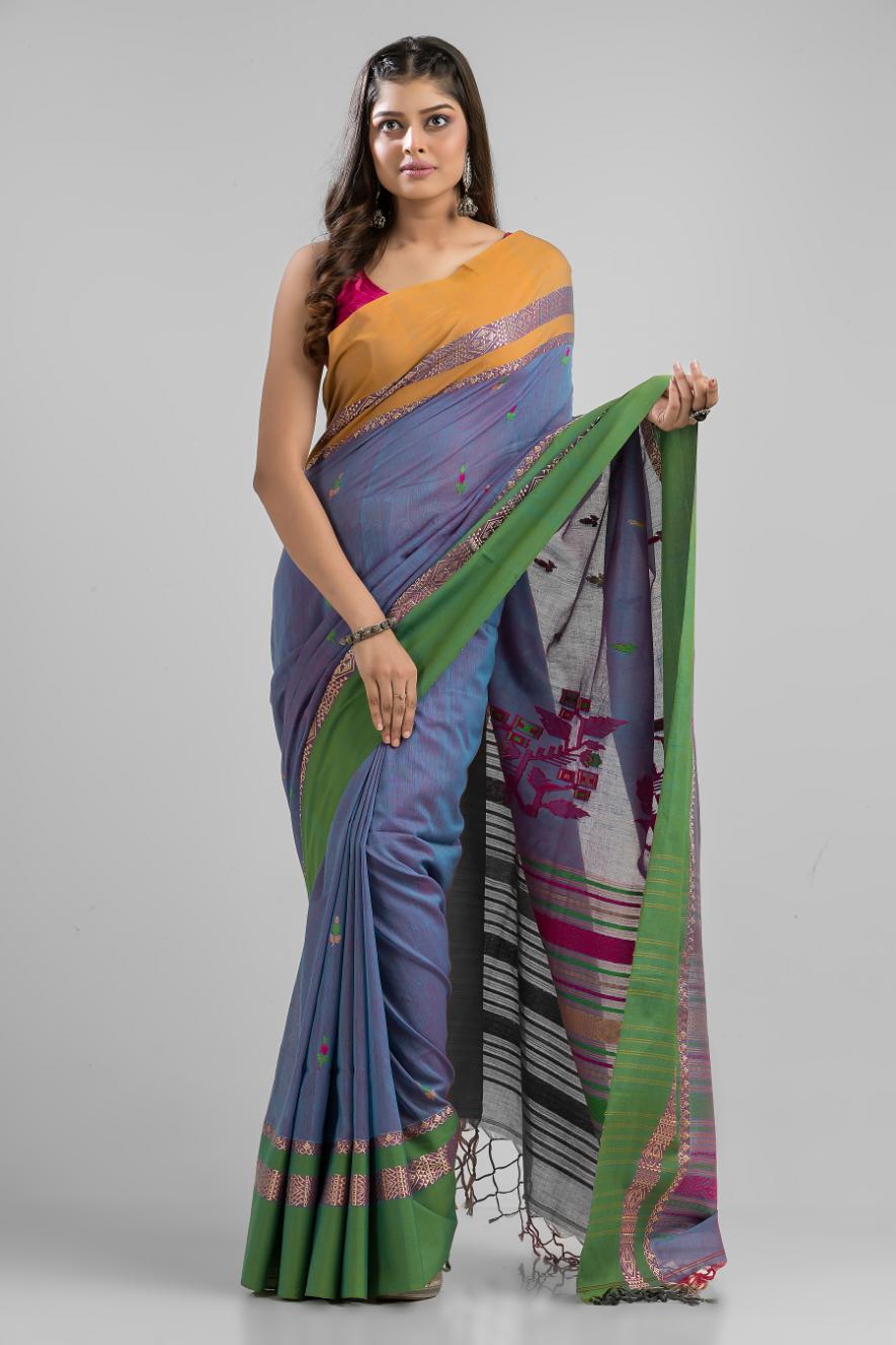 Blue Pure Soft Cotton Dhakai Buti Handloom Saree