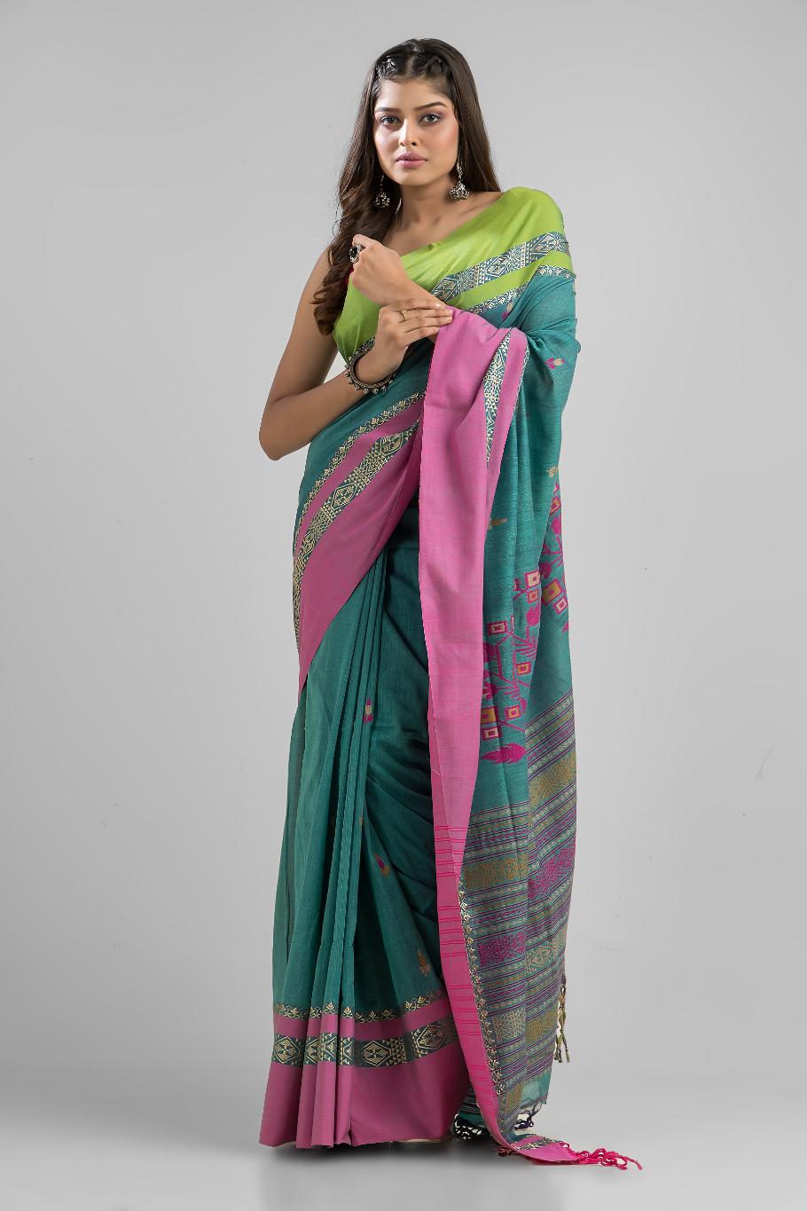 Green Pure Soft Cotton Dhakai Buti Handloom Saree