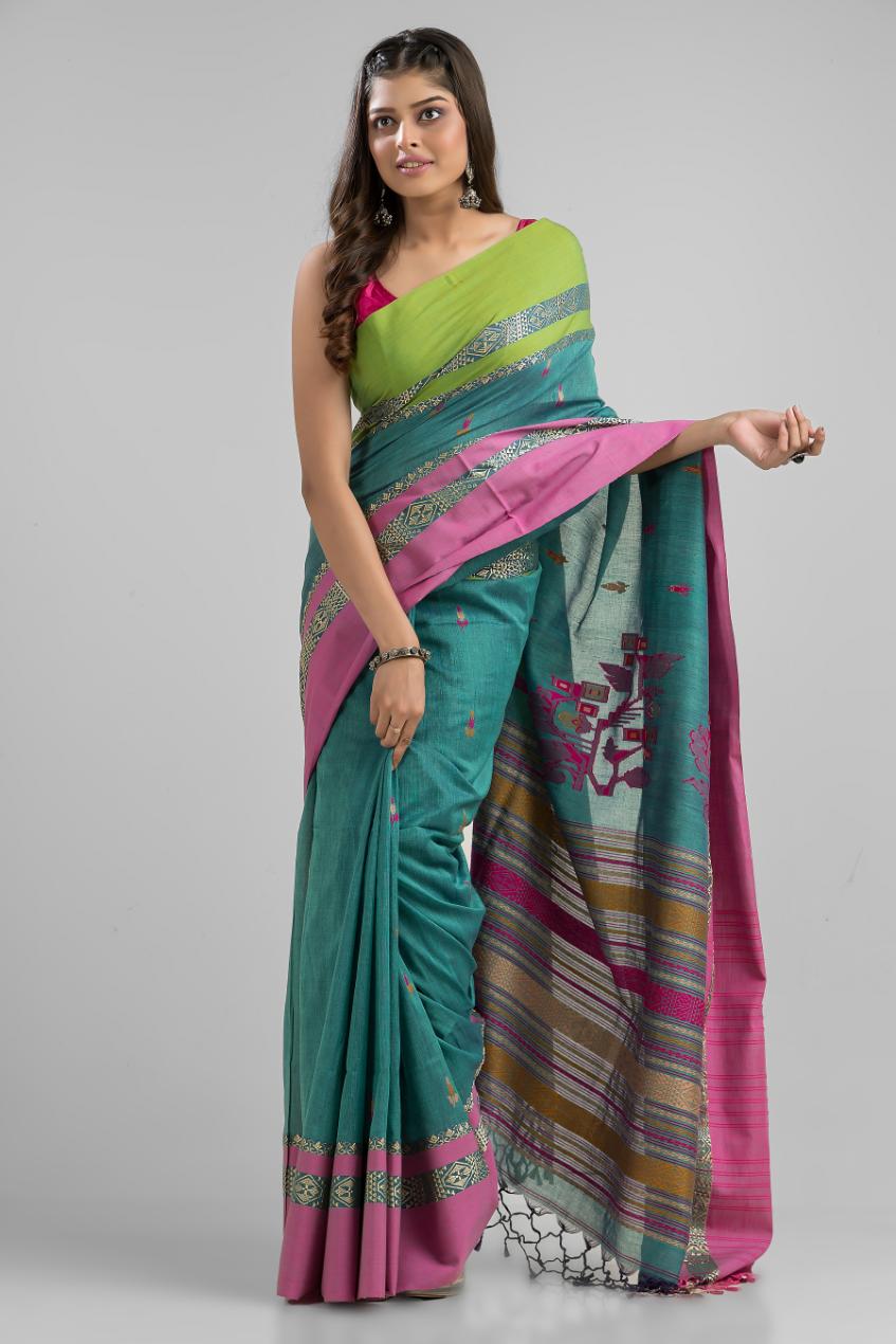 Green Pure Soft Cotton Dhakai Buti Handloom Saree