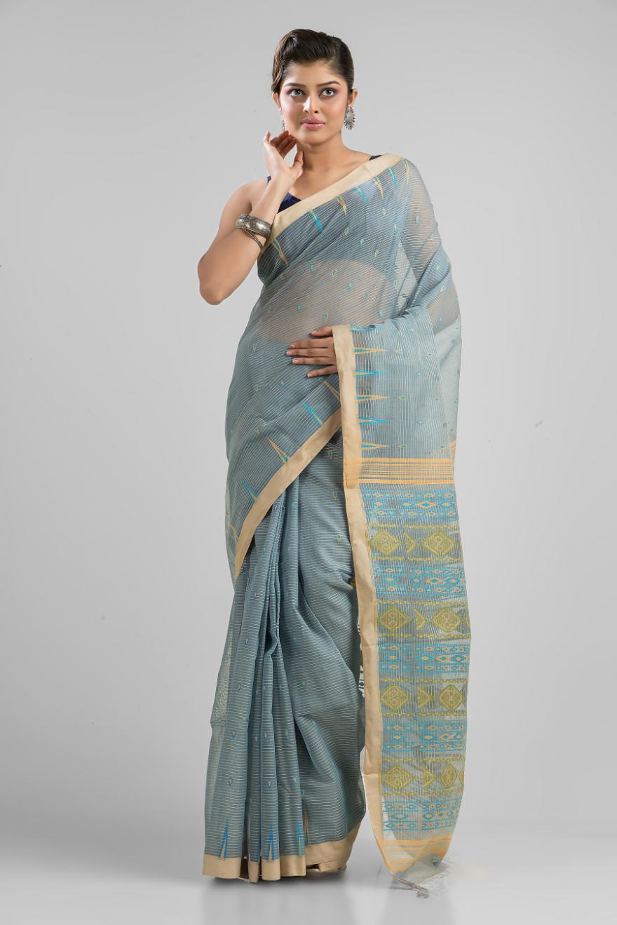 Grey  Blended Cotton Buti Work  Handloom Saree