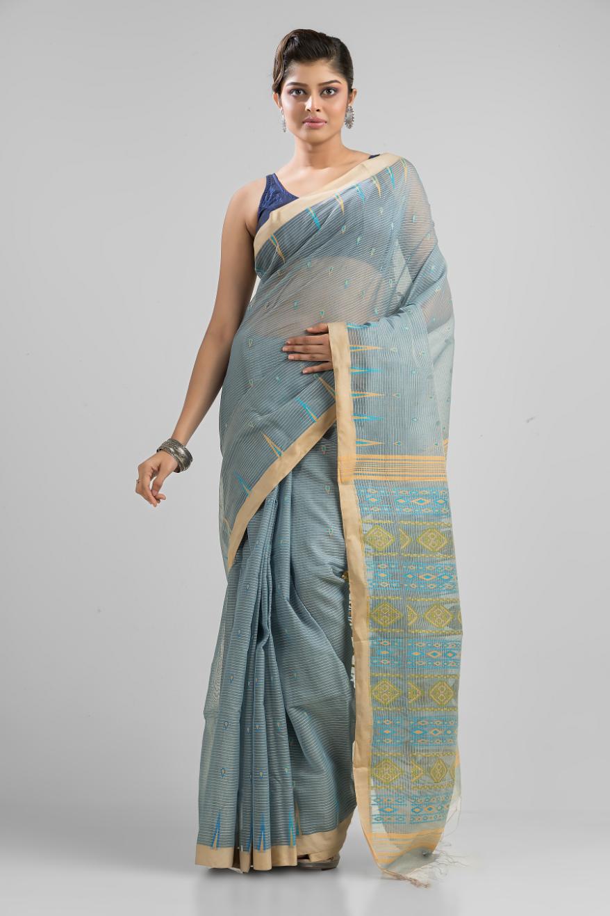 Grey  Blended Cotton Buti Work  Handloom Saree