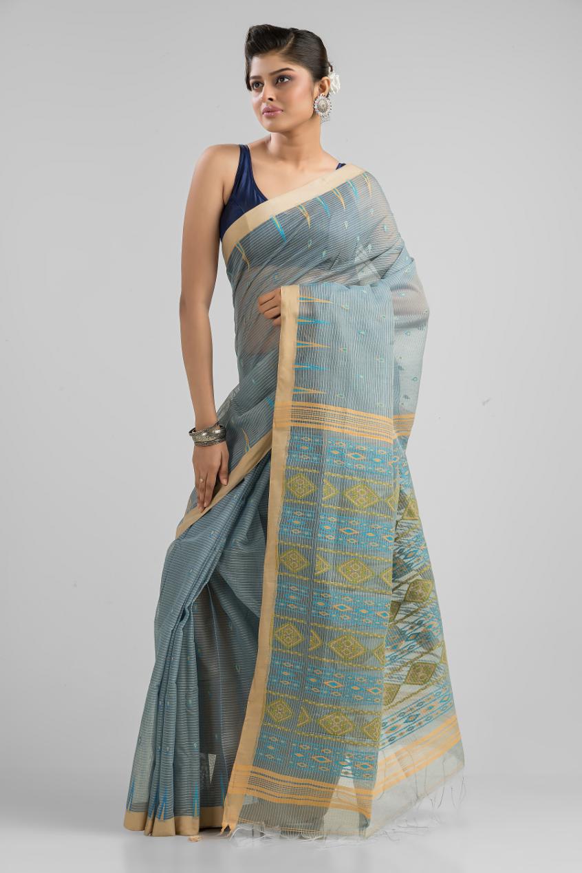 Grey  Blended Cotton Buti Work  Handloom Saree