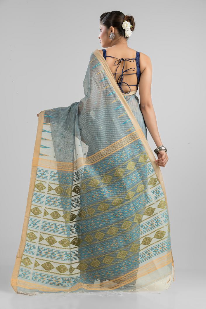 Grey  Blended Cotton Buti Work  Handloom Saree