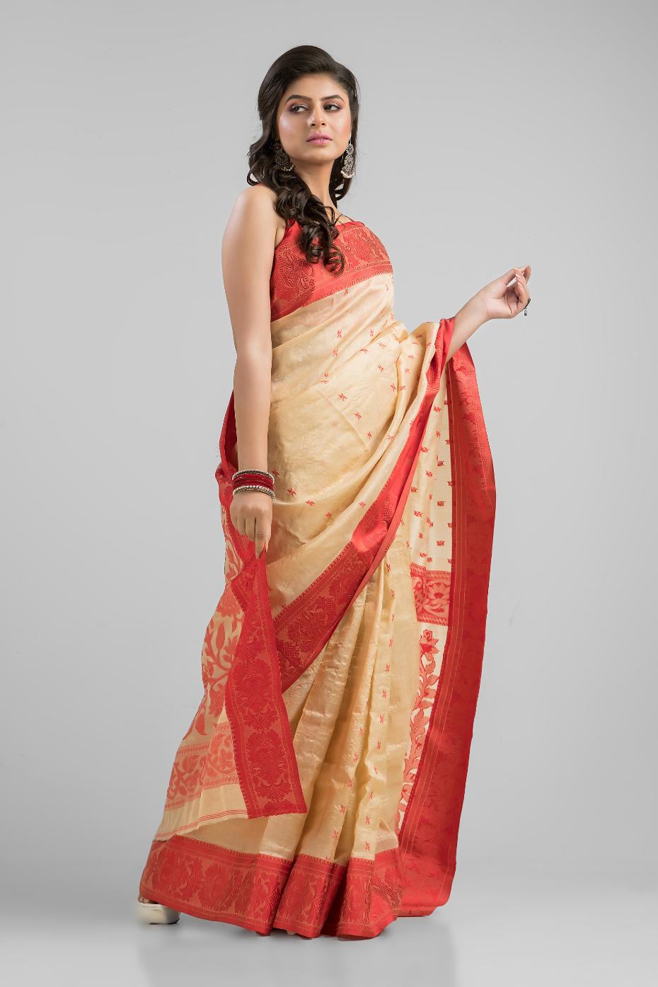 Beige  Pure Tussar Silk Buti Work Saree