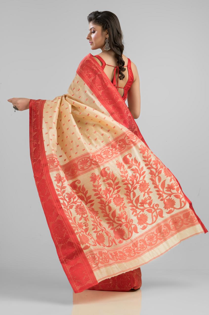 Beige  Pure Tussar Silk Buti Work Saree