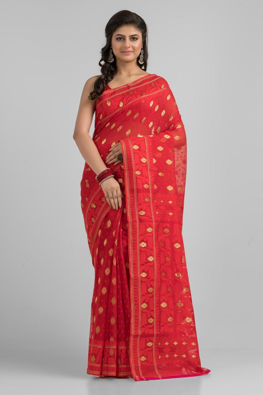 Red Blended Silk Jamdani Saree