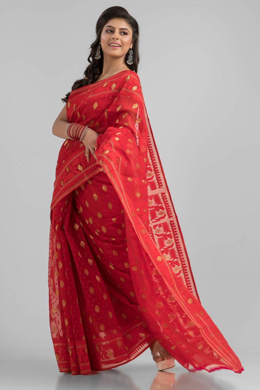 Red Blended Silk Jamdani Saree