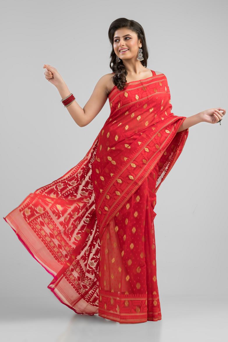 Red Blended Silk Jamdani Saree