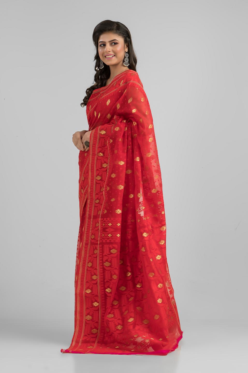 Red Blended Silk Jamdani Saree