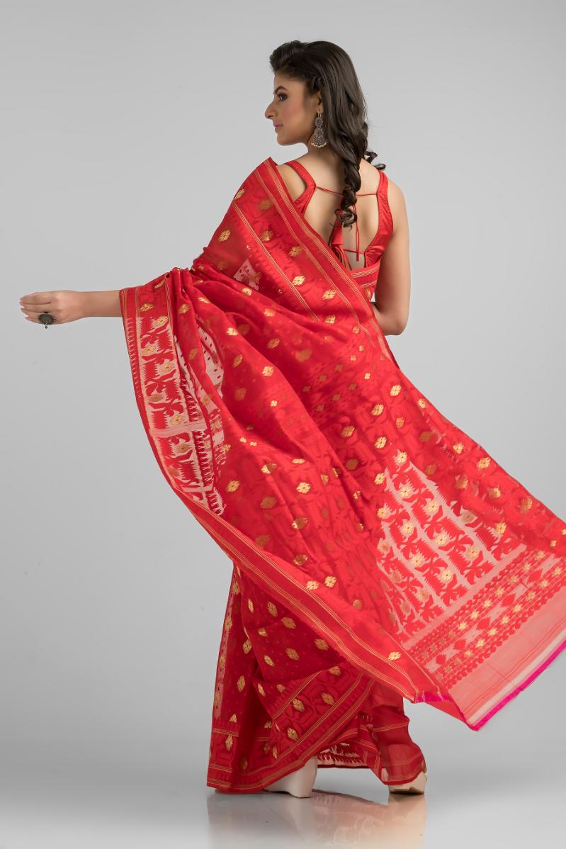 Red Blended Silk Jamdani Saree