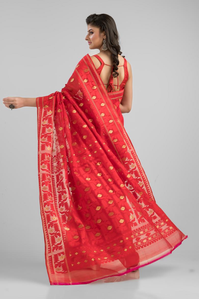 Red Blended Silk Jamdani Saree