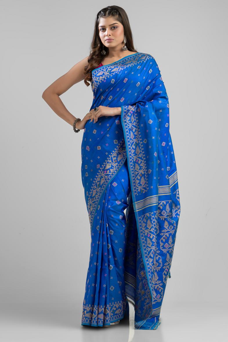 Blue Pure Mulbery Silk Floral Hand Woven Saree