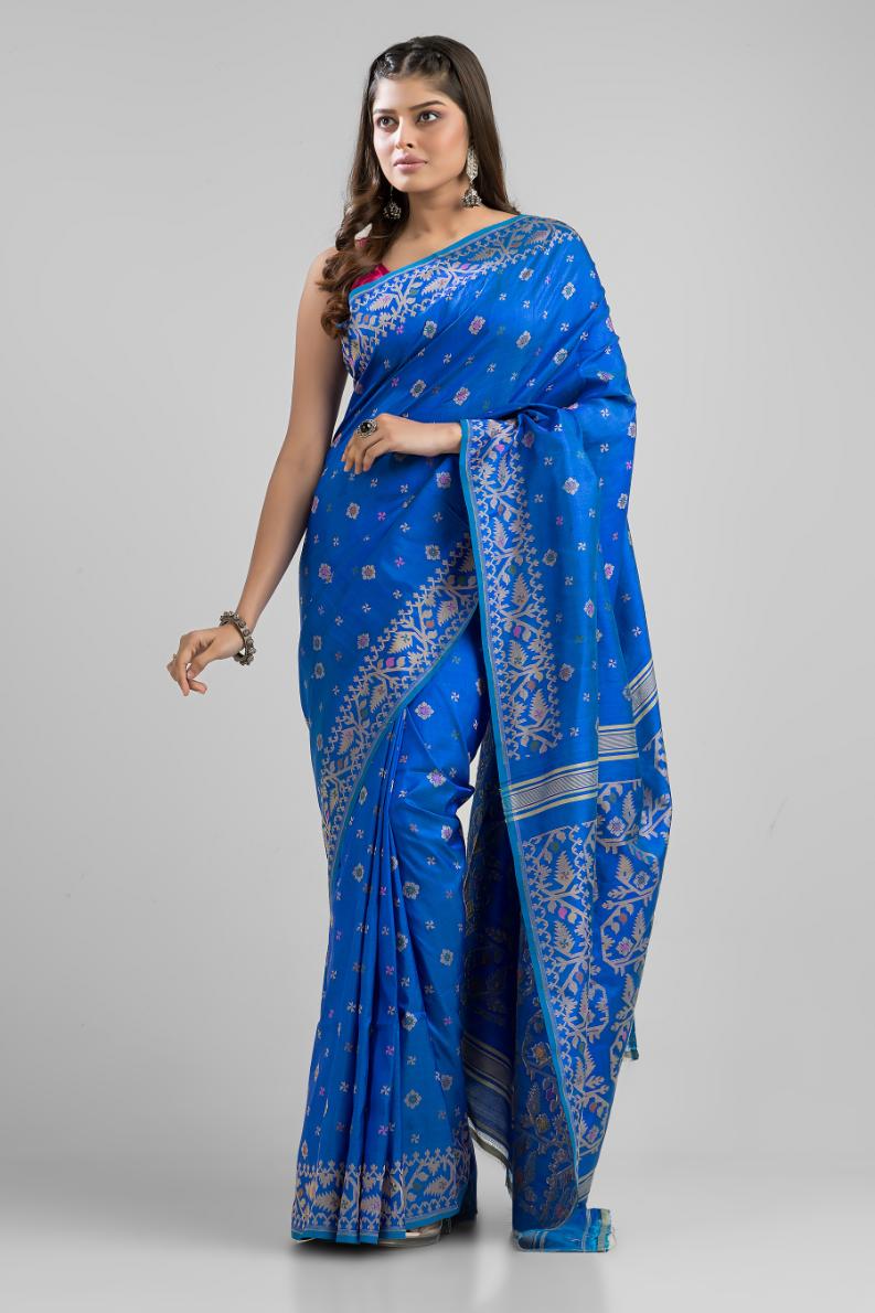 Blue Pure Mulbery Silk Floral Hand Woven Saree