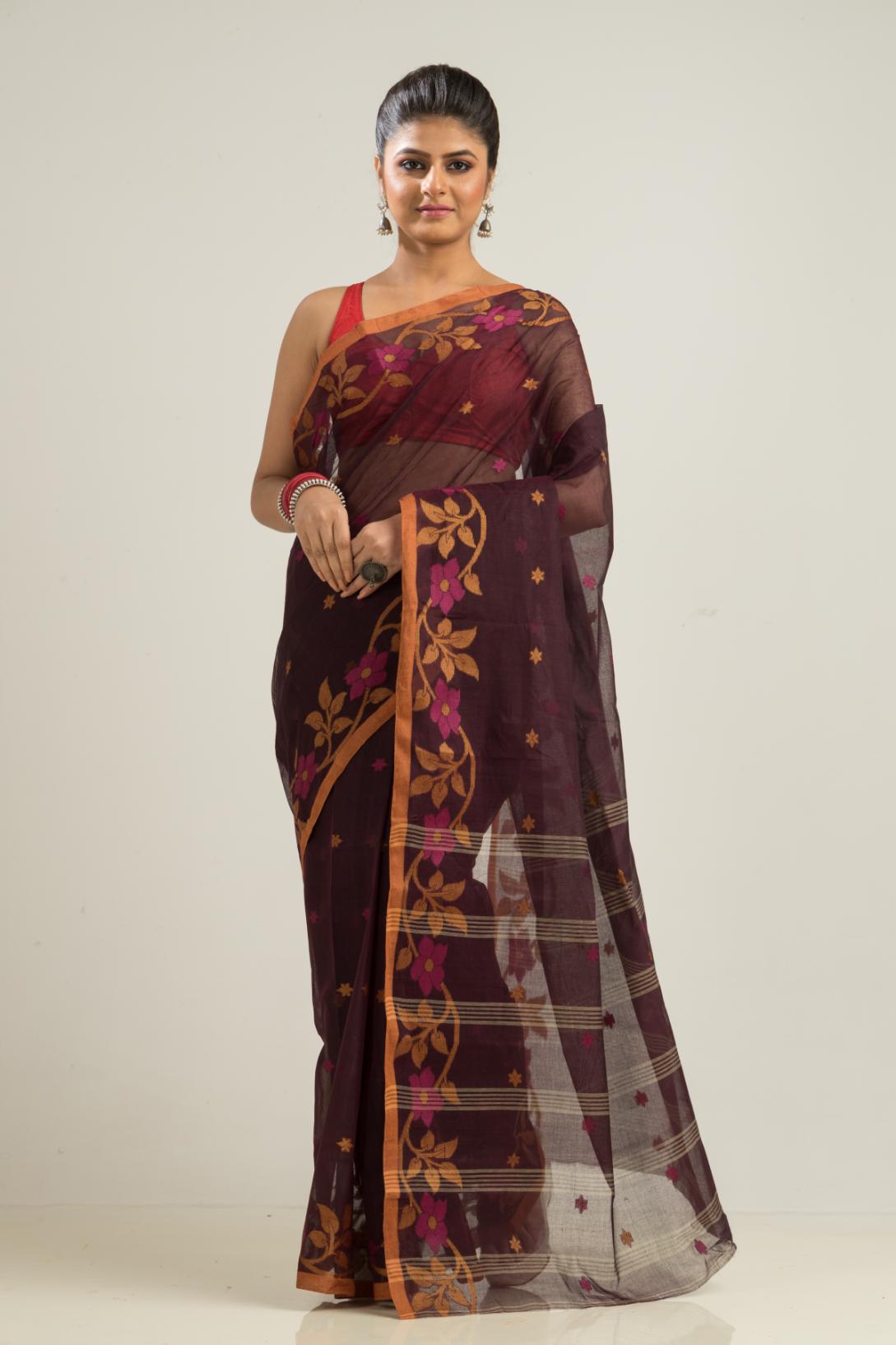 Chocolate Pure Cotton Handloom Tant  Saree