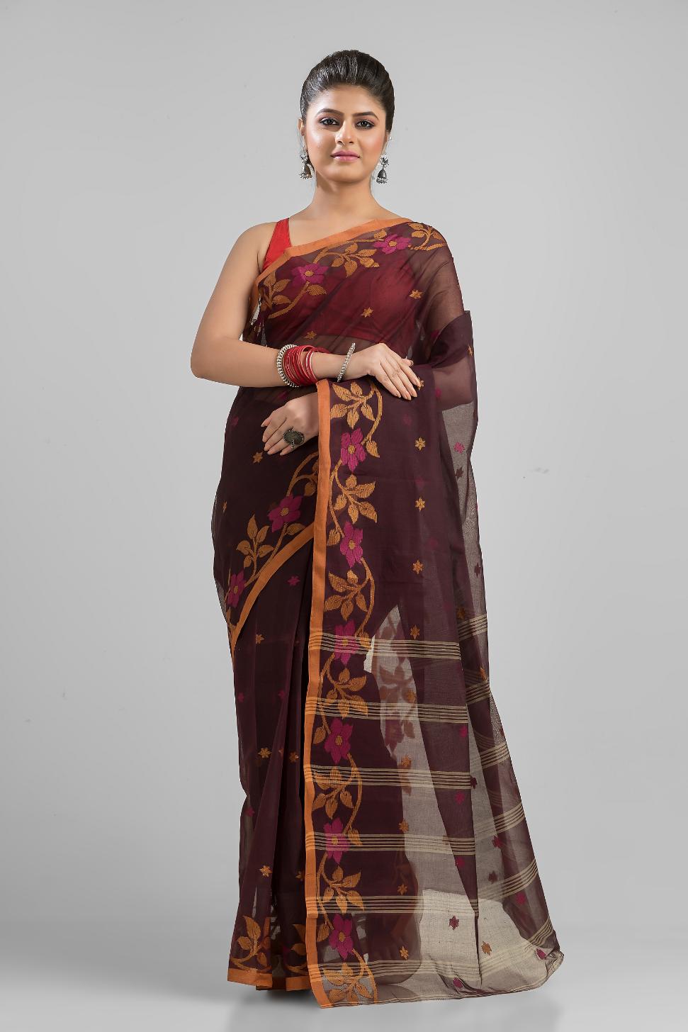 Chocolate Pure Cotton Handloom Tant  Saree