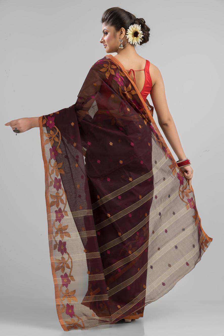 Chocolate Pure Cotton Handloom Tant  Saree