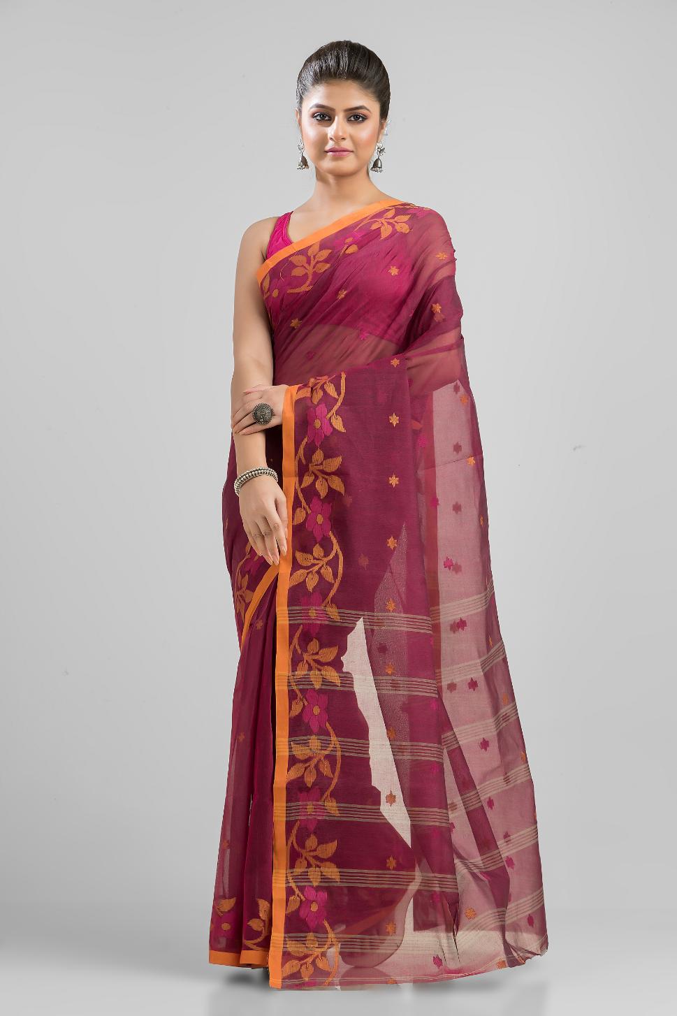 Magenta  Pure Cotton Handloom Tant  Saree