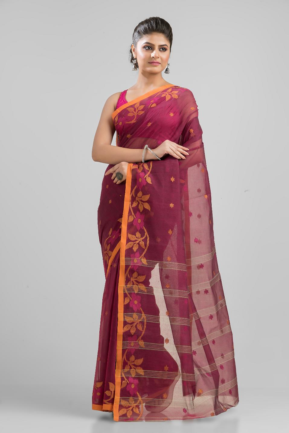 Magenta  Pure Cotton Handloom Tant  Saree