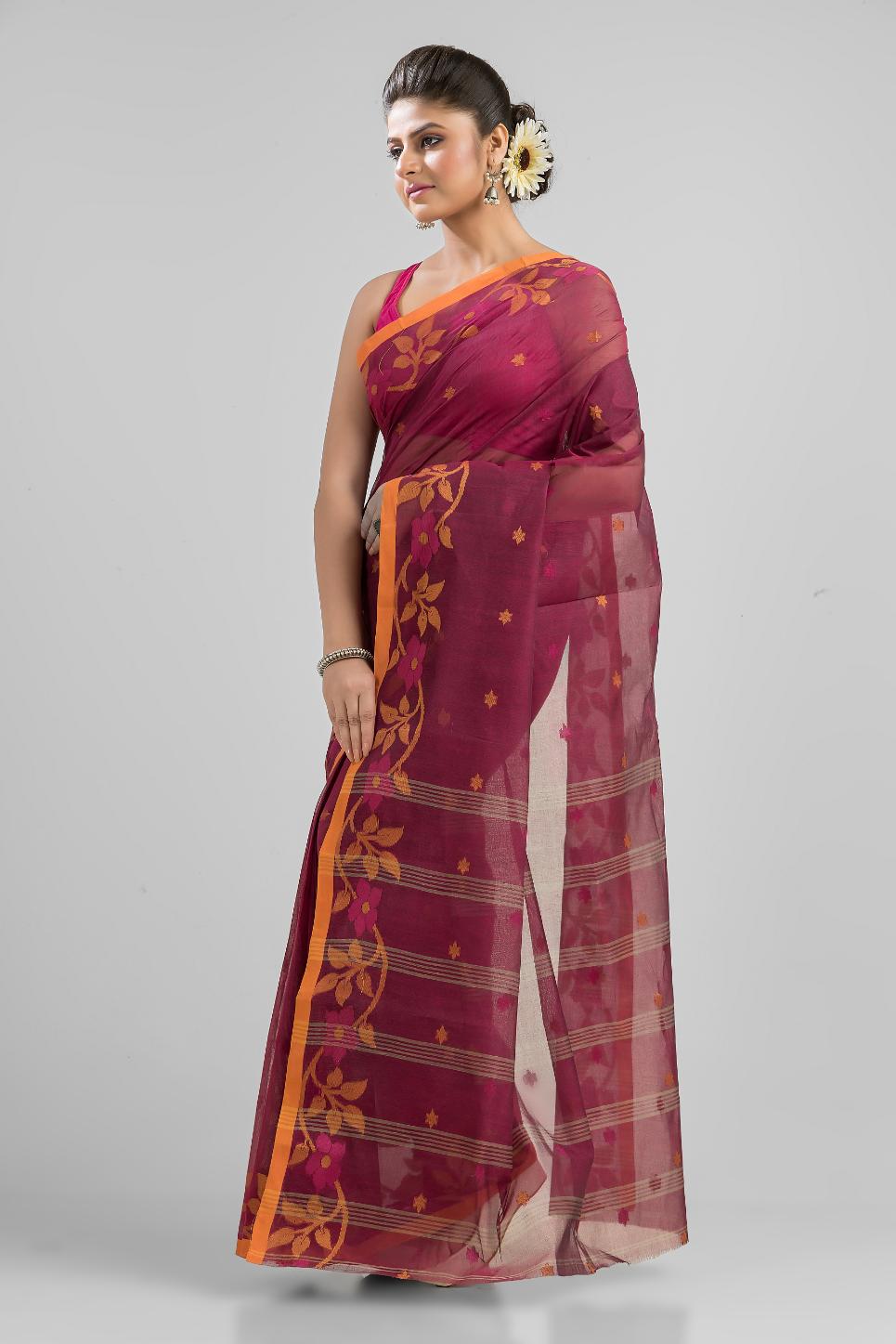 Magenta  Pure Cotton Handloom Tant  Saree