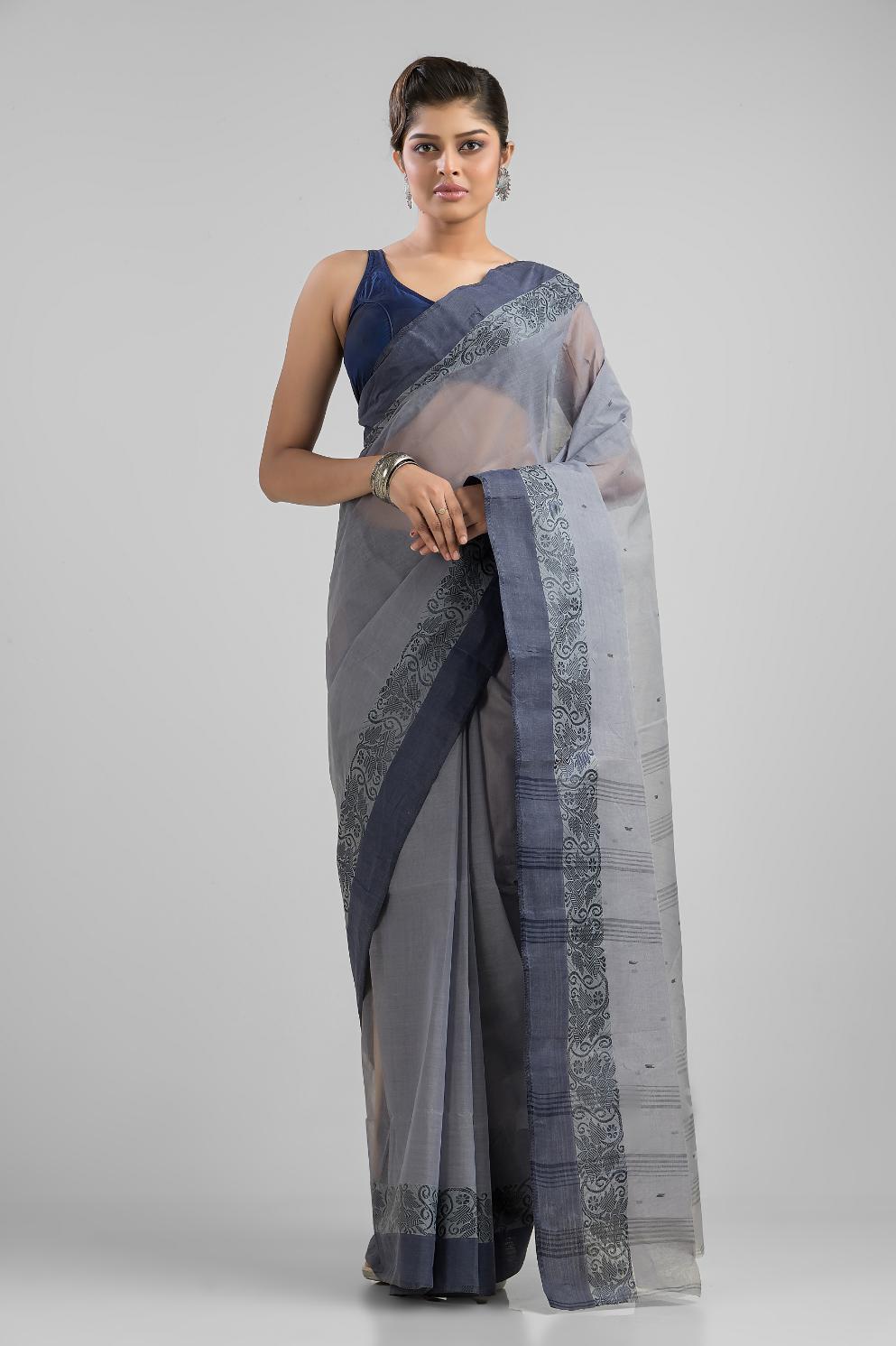 Grey Pure Cotton Handloom Tant  Saree