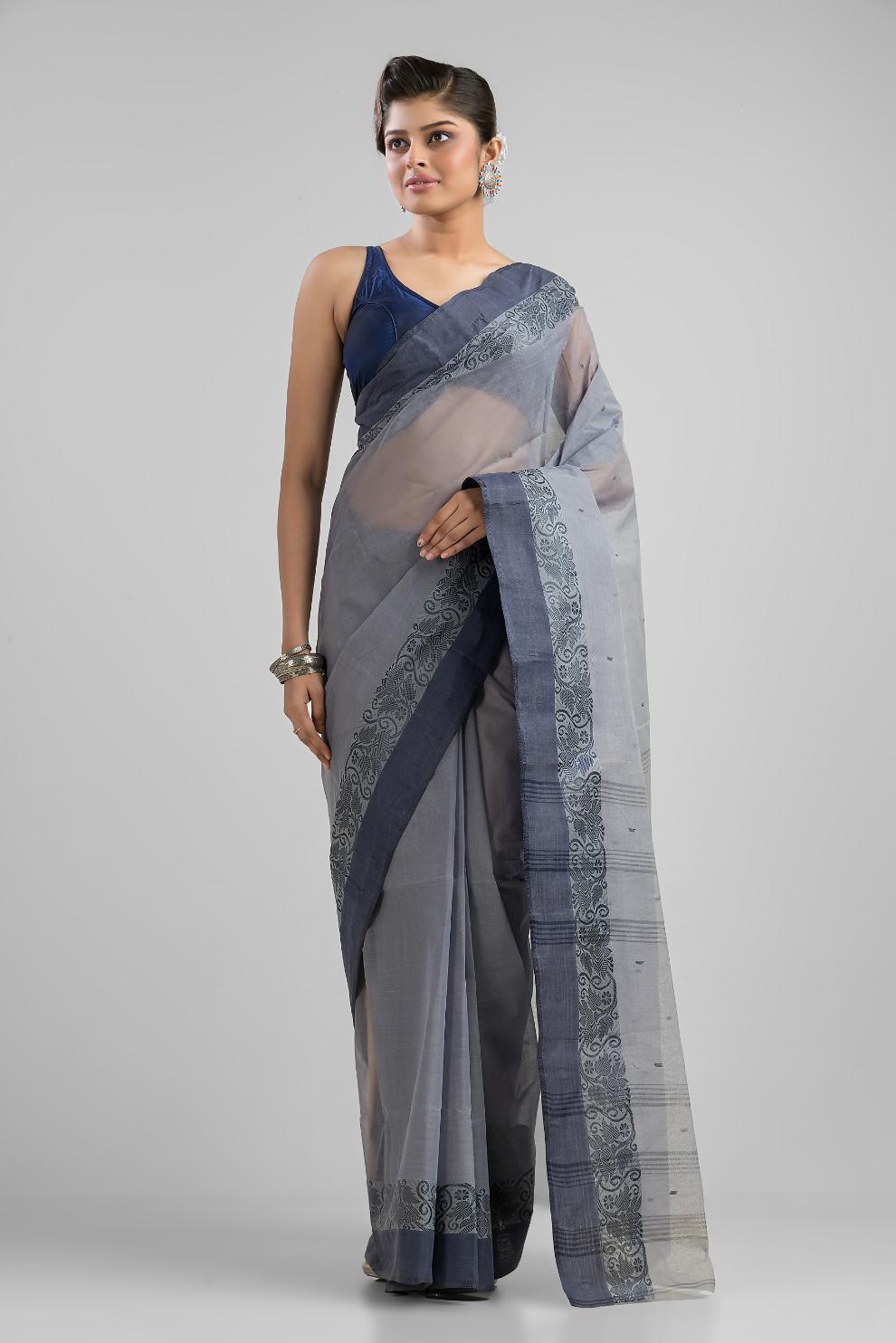 Grey Pure Cotton Handloom Tant  Saree