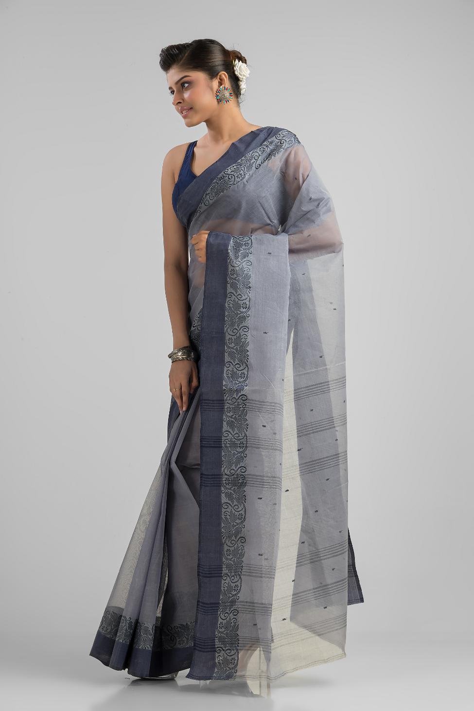 Grey Pure Cotton Handloom Tant  Saree