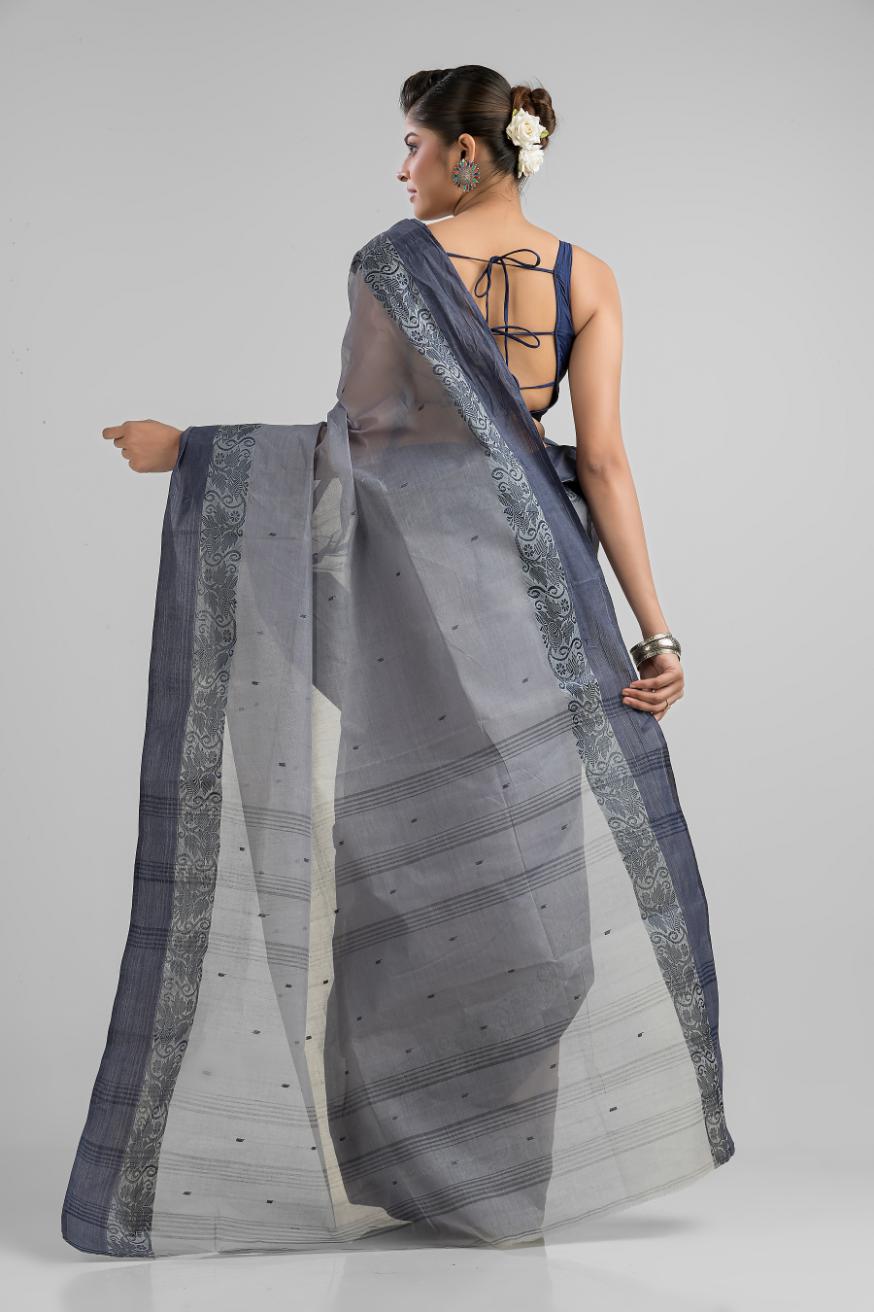 Grey Pure Cotton Handloom Tant  Saree